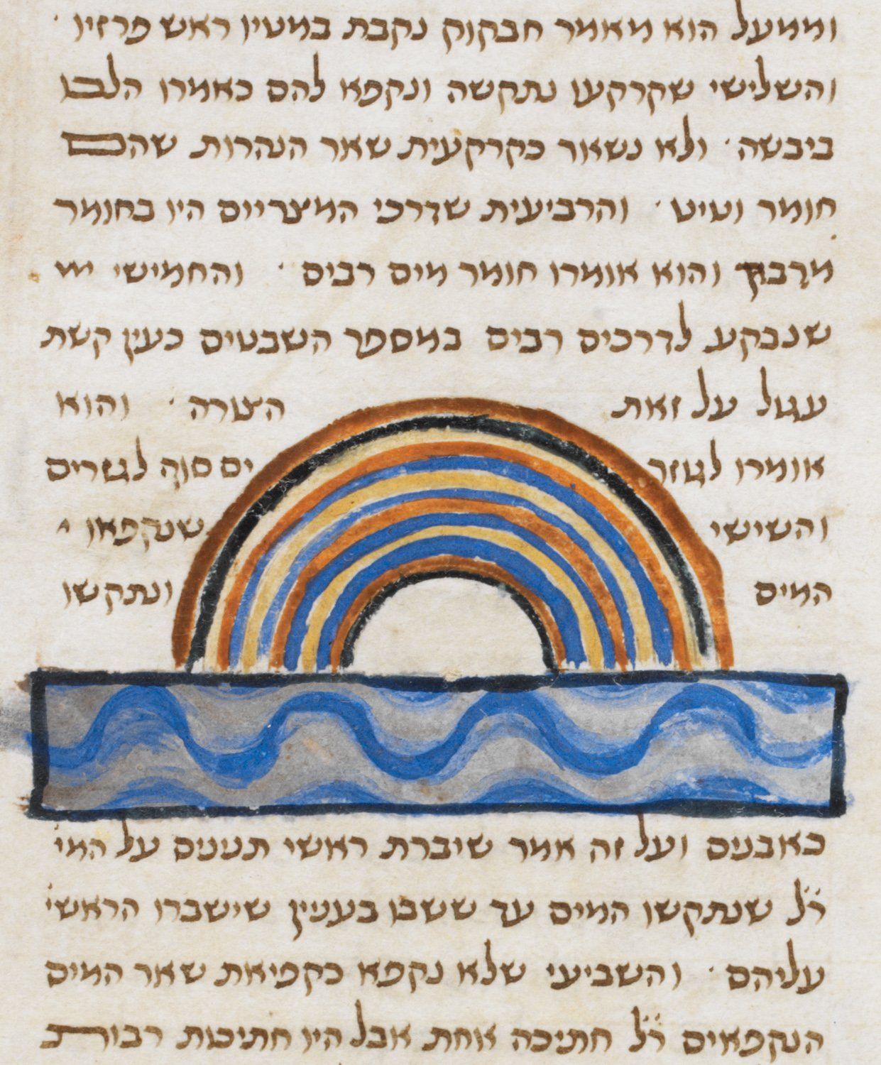A manuscript illumination of a rainbow over the Red Sea.