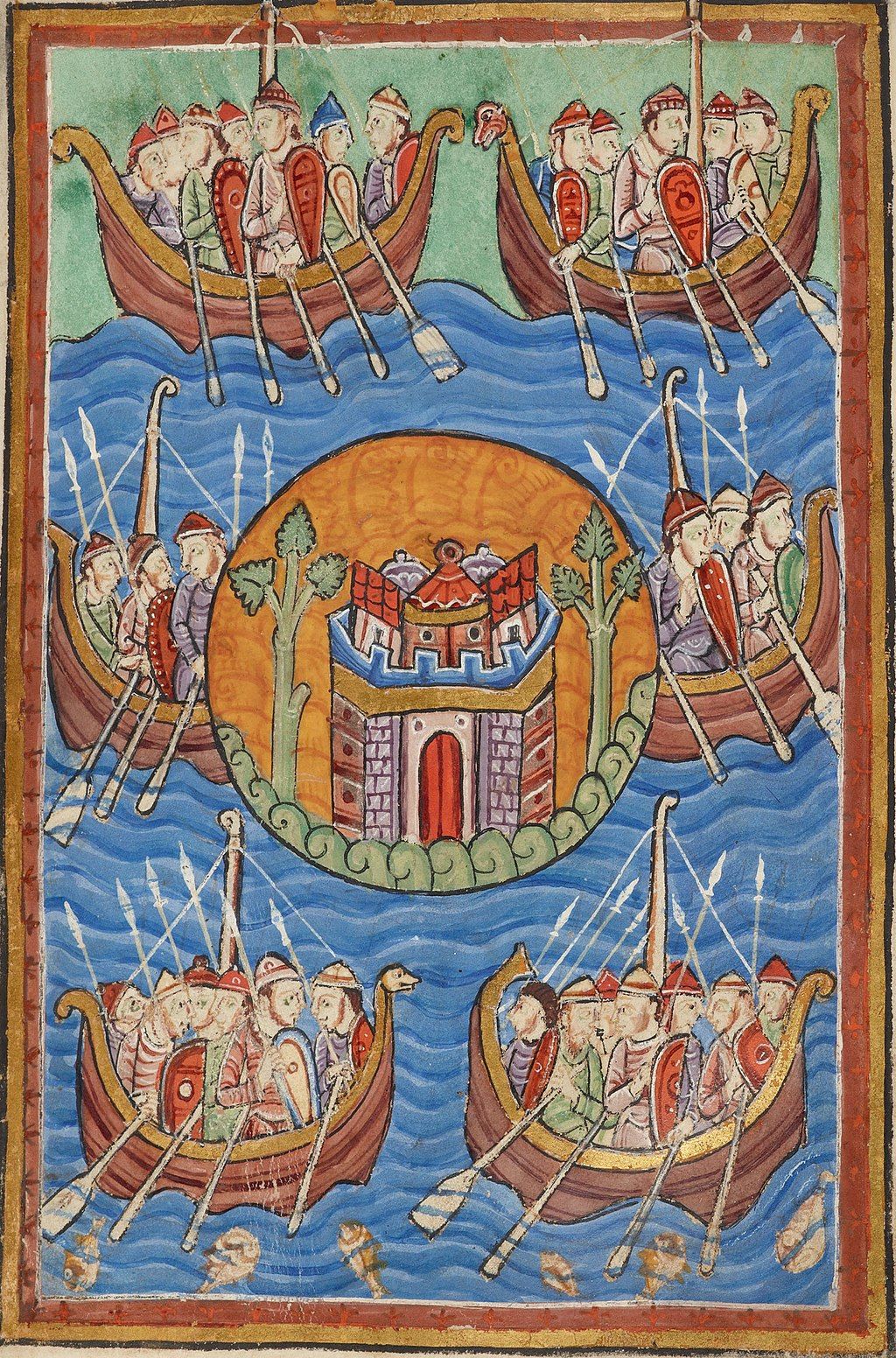 12th-century miniature of Saxons, Jutes, and Angles arriving in Britain
