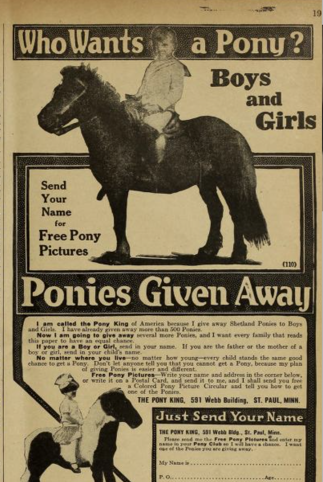 "I Am Called the Pony King of America. I Am Giving Away Ponies": Headlines from The January 1919 Issue of "Farm and Fireside" Magazine