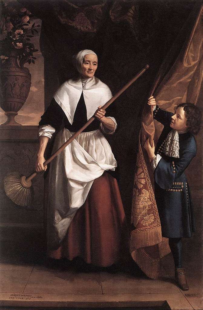 A painting of an elderly woman holding a broom being spied on by a little boy. 
