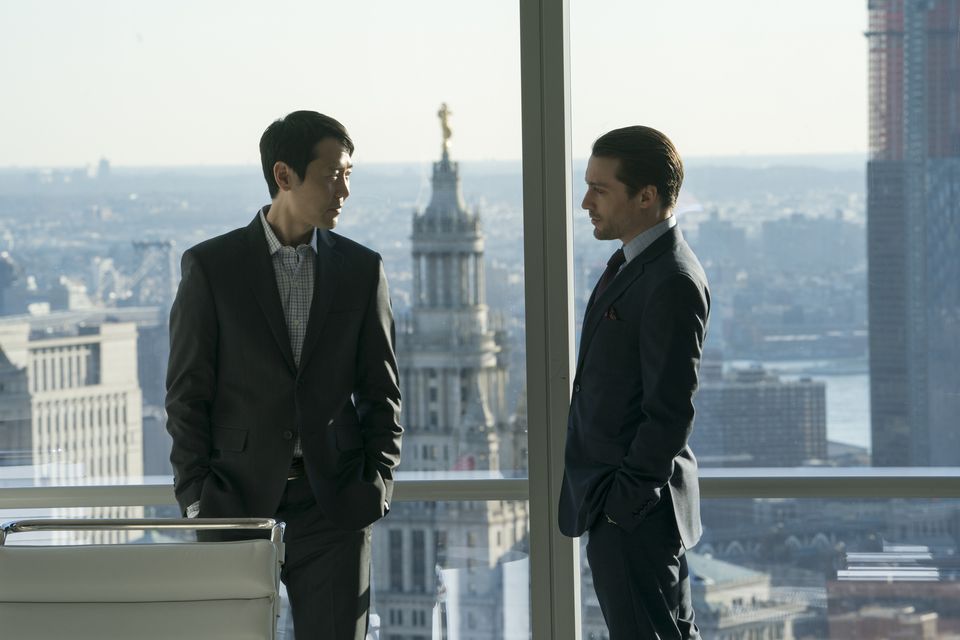 Rob Yang as Lawrence Yee and Kieran Culkin as Roman Roy in "Succession."