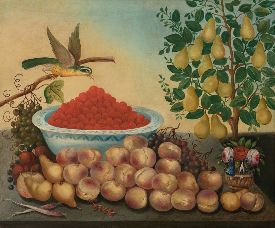 Painting of fruit and a bird.
