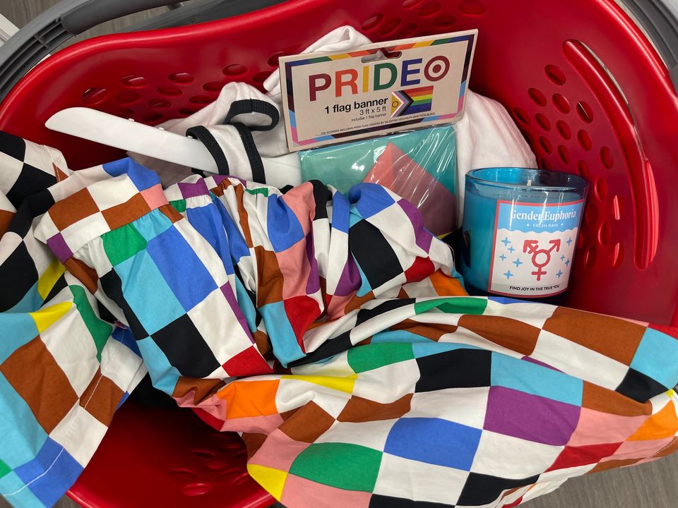 Pride products in a shopping basket at Target in Napa, California.